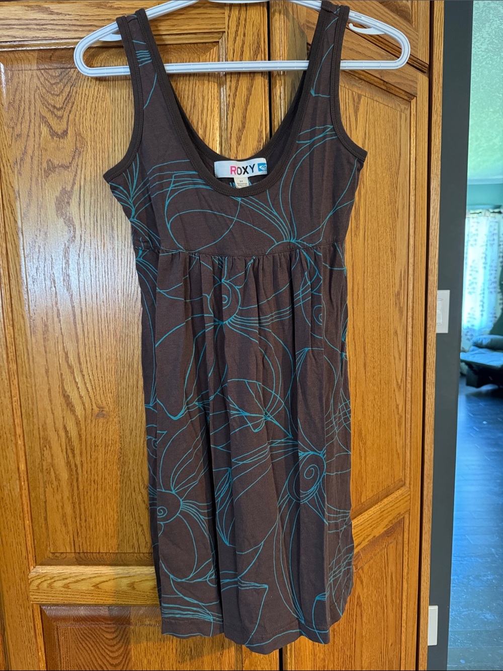 Roxy Brown Dress with Teal Floral Lines